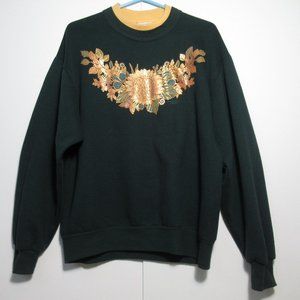Morning Sun Vintage Grandma Sweatshirt Double Collar Dark Green Sunflower M